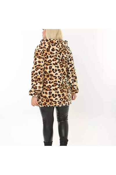 BİrHoşButik Large Size Lycra Soft Pocket Hooded Ribbed Zipper Winter Trend Leopard Plush Fleece Cardigan