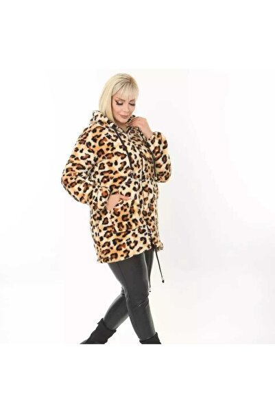 BİrHoşButik Large Size Lycra Soft Pocket Hooded Ribbed Zipper Winter Trend Leopard Plush Fleece Cardigan