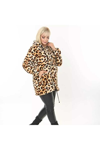 BİrHoşButik Large Size Lycra Soft Pocket Hooded Ribbed Zipper Winter Trend Leopard Plush Fleece Cardigan