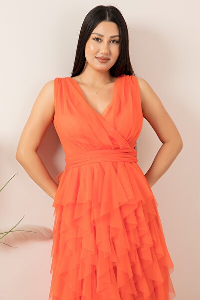 PULLIMM Kruvaze Yaka Fırfırlı Kısa Elbise 13399