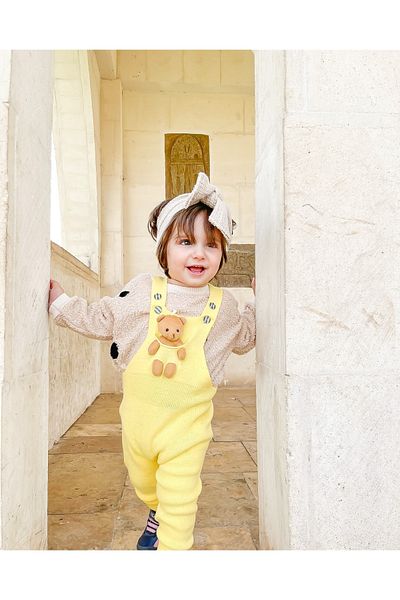gogo bici Yellow Teddy Bear Buttoned Baby Knitwear Salopet