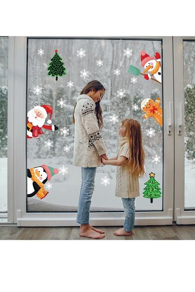 Genel Markalar Yılbaşı Dekoratif Noel Baba, Penguen, Kardan Adam, Kurabiye Adam Cam, Duvar, Kapı Sticker