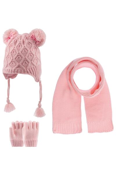 Kitti مجموعة قفازات وشاح بوم بوم للفتيات K22160-03 باللون الوردي
