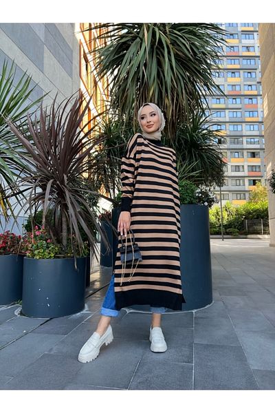 MODAMÜNASİP Wonderful Women's Striped Long Knitwear Tunic with Slits on the Sides