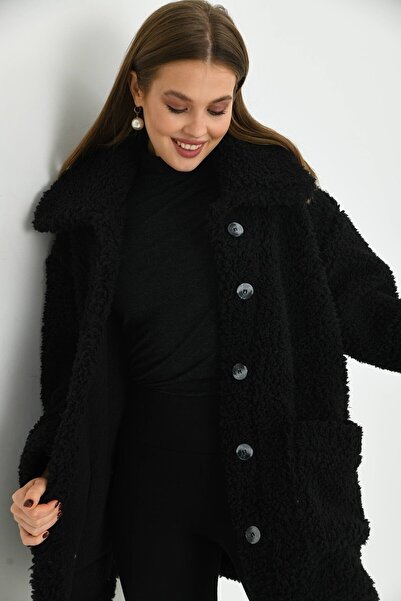 ECRİN MODA Plyšový kabát na knoflíky