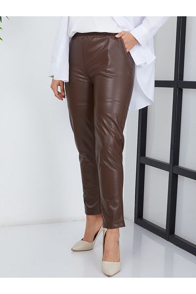 Gül Moda Women's Leather Trousers with Elastic Waist Brown G097-2