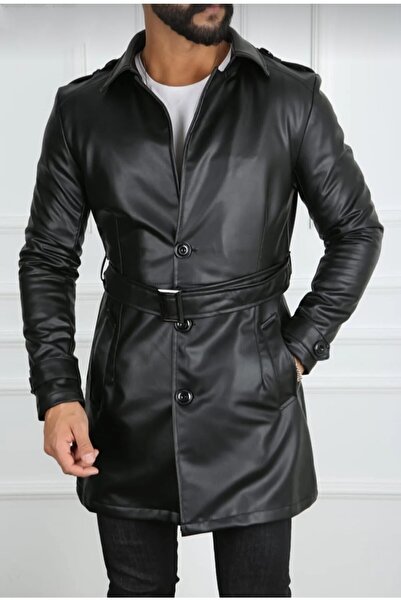 Zen And Men Fit Long Leather Trench Coat with Waist Belt