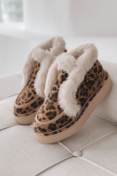 selinshoes Poffy Χοντρή Σόλα Γούνα Λεπτομέρεια Ελαστικές Γυναικείες Μπότες - Leopard