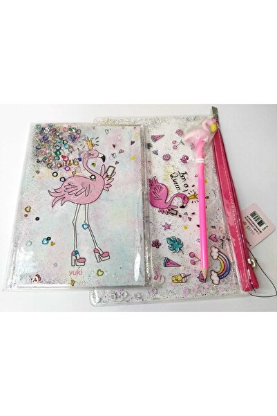 cuaderno A5 Boy Simli Sulu Şeffaf Flamingo Temalı Defter + Şeffaf Simli Kalemlik + Flamingo Kalem Üçlü Set