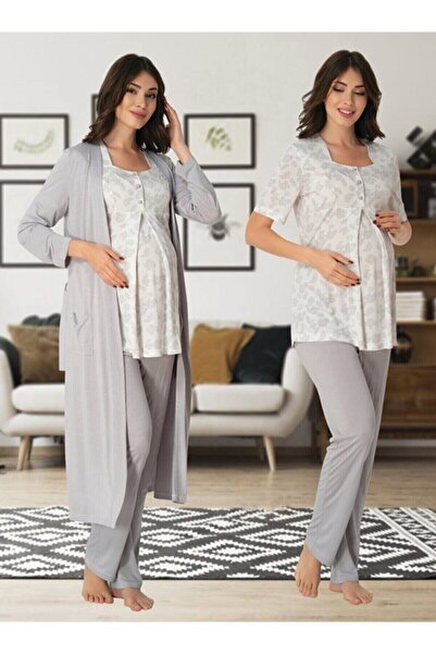 effort Комплект пижама за бременни с сив шарен халат