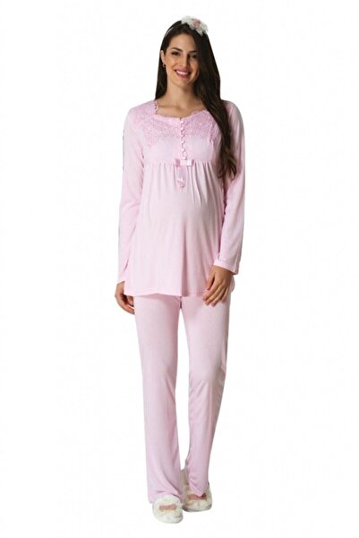 HAMİLE ÇARŞISI Set pijama de maternitate roz cu dantela Mecit 5414