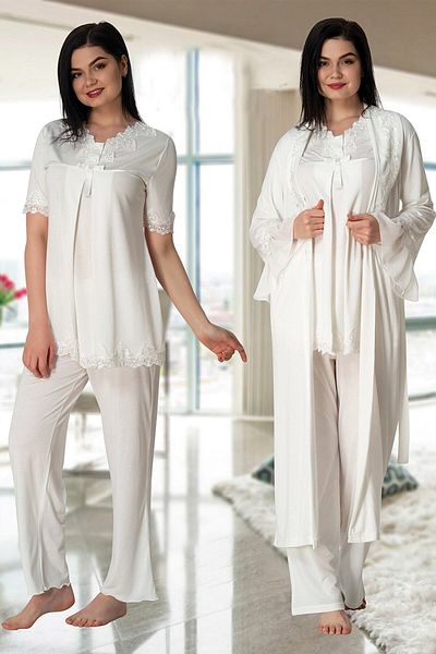 Effortt Effort Women's Ecru Maternity Maternity Pajamas Set with Dressing Gown 5034