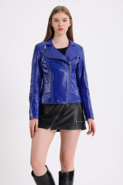 Leather Club Saks Mavi Kruvaze Deri Ceket