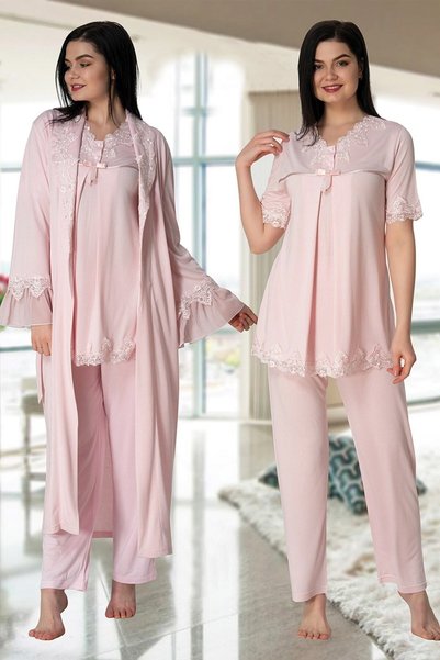 Generic Brand Women's Powder Long Maternity Pajamas Set with Dressing Gown 5034p