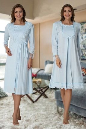 Lohusa Hamile 2502 Baby Blue Maternity Nightgown with Long Robe Set