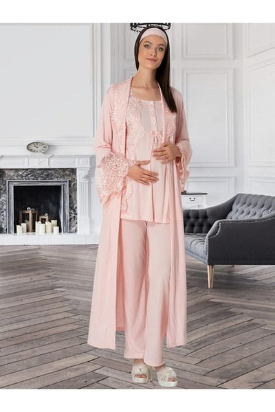 HAMİLE ÇARŞISI Mecit Powder Maternity Pajama Set with Dressing Gown 5353