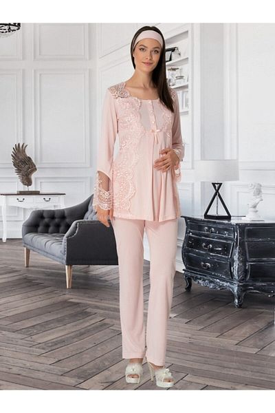 HAMİLE ÇARŞISI Mecit Powder Maternity Pajama Set with Dressing Gown 5353