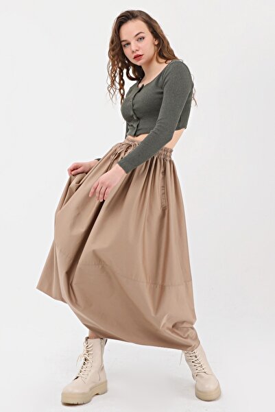 Atölye Güven Beige Long Elastic Waist Cotton Satin Balloon Design Skirt
