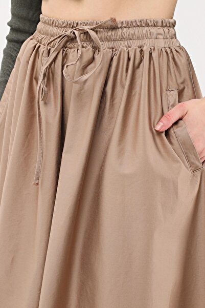 Atölye Güven Beige Long Elastic Waist Cotton Satin Balloon Design Skirt