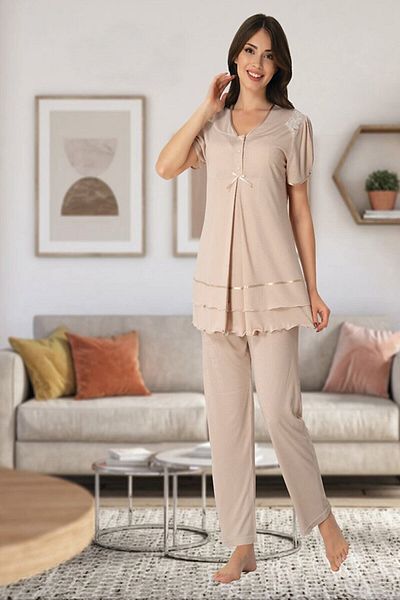 HAMİLE ÇARŞI Effort Lacy Milk Brown Σετ Πιτζάμες εγκυμοσύνης 8022