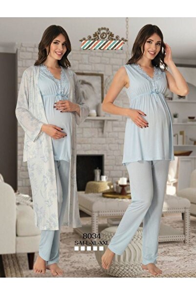 Effort Pijama Zerre Bebe Kadın Mavi Effortt Lohusa Hamile Pijama Takım Sabahlık