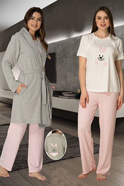 Genel Markalar Tavşan Desenli Sabahlıklı Kısa Kollu Pembe Pijama Takımı