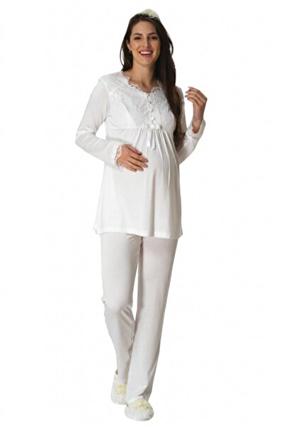 HAMİLE ÇARŞISI Set de pijamale de maternitate Ecru cu dantelă Mecit 5414