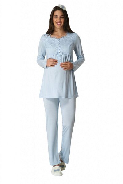HAMİLE ÇARŞISI Set pijama de maternitate albastru cu dantela Mecit 5414
