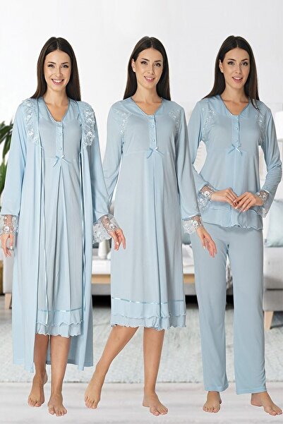 Effort Pijama مجموعة Zerre Bebe للسيدات باللون الأزرق للحوامل بأكمام طويلة مك...