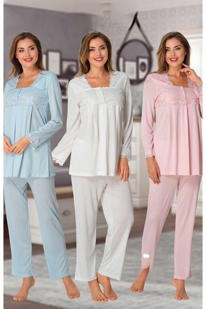 Generic Brand Effortt 7012 Maternity Pajama Set with Sleeves and Lace Collar