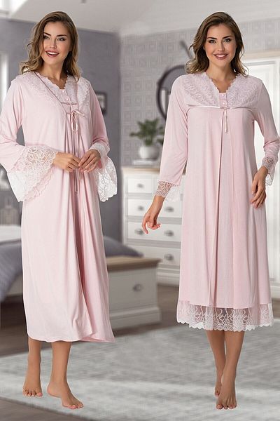 Effortt Powder Pink Guipure Maternity Nightgown Set with Dressing Gown 7045