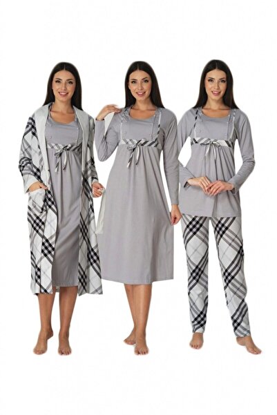 HAMİLE ÇARŞISI طقم بيجامة نوم للحوامل باللون الرمادي من Effortt مكون من 4 قطع 8086