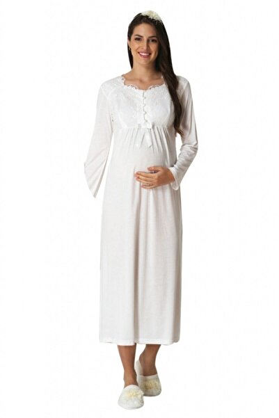HAMİLE ÇARŞISI Cămașă de noapte de maternitate cu dantelă Ecru Mecit 5415