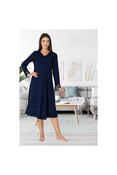 Effort Pijama Women's Navy Blue Lace Detailed Maternity Nursing Nightgown
