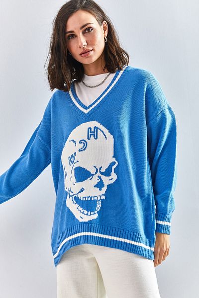 Bianco Lucci Damen-Cardigan mit Totenkopfmuster und Paspelierung und V-Ausschnitt