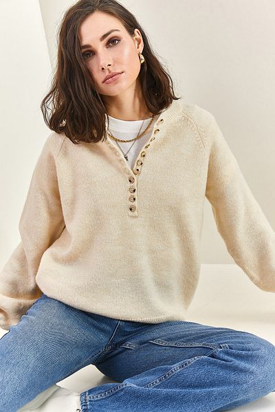 Bianco Lucci Damen-Strickpullover mit Knopfloch-Rollkragenpullover