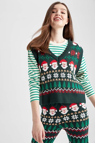 DeFacto Новогодишна тематична жилетка с V-образно деколте