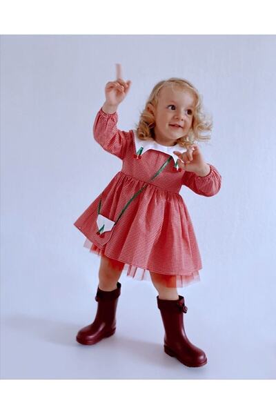 Le Petite Sole Kız Bebek Kırmızı Kirazlı Pötikare Elbise