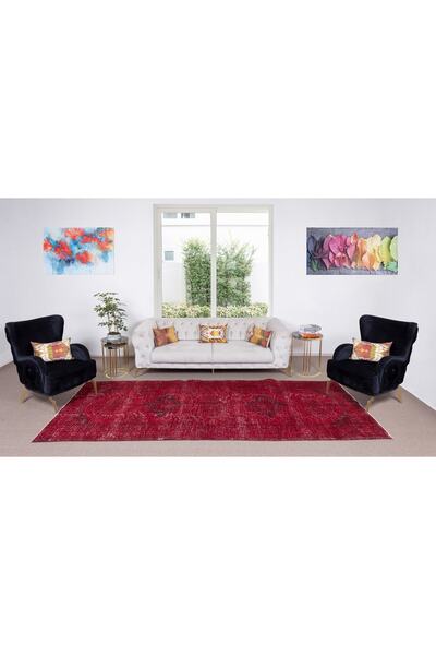 153x361 Cm Çağdaş Kırmızı Otantik Yünlü Halı, El Dokuması Yeniden Boyanmış Eski Türk Halısı