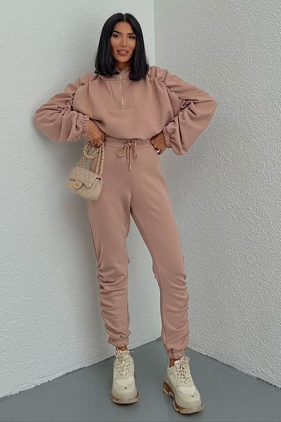 bayansepeti Cotton Fabric Hooded Sweatshirt and Drawstring Detailed Design Powder Tracksuit Double Set 7552