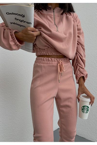 bayansepeti Cotton Fabric Hooded Sweatshirt and Drawstring Detailed Design Powder Tracksuit Double Set 7552