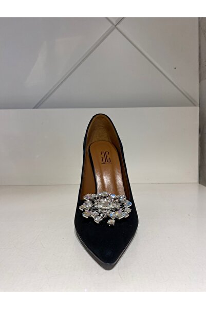 Cengiz Gümüş Siyah Süet Saçaklı Taşlı Kadın Abiye Ayakkabı