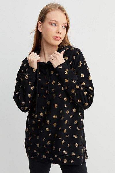 Hanna's by Hanna Darsa Women's Black Hooded Shawl Patterned Knitted Sweatshirt Hn1210