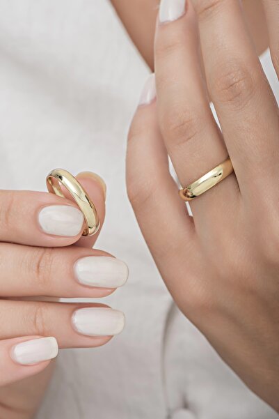 ALYANSEVİM 4 Mm Bombeli Klasik Düz Altın Kaplama Tek Gümüş Alyans Yüzük