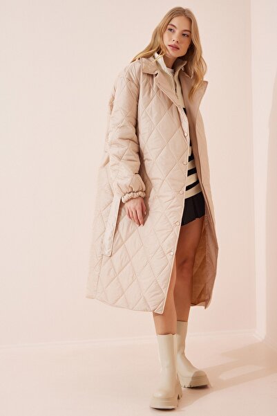 Happiness İstanbul Dámský tmavý krémový rolák oversize prošívaný kabát FN02992