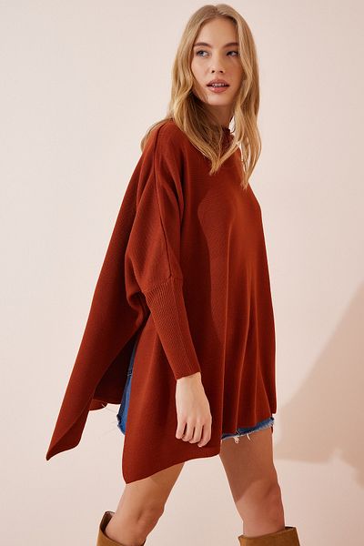 Happiness İstanbul Dámský oversize svetr na pončo s bočním rozparkem YY00005