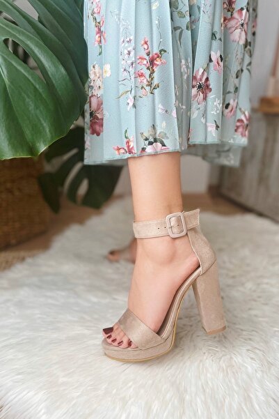 POLKA STORE Women's Anna High Thick Heeled Platform Single Strap Nude Suede Shoes