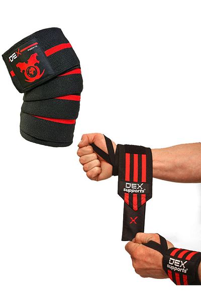 Dex Supports Lasting Energy Red Sports Knee Pads - Knee and Bracelet Wraps, Set of 2
