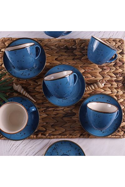 Tulü Porselen Reactive 93 Blue 12 Piece Tea Cup Set