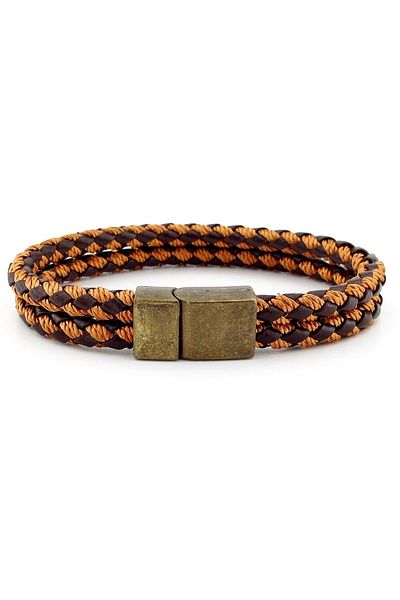 Solfera Bronze Magnet Two Rows Brown Tan Braid Leather Men's Bracelet M030f